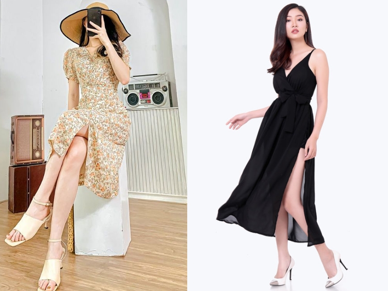 phối đồ đi đám cưới cho nữ lùn mặc đầm xẻ tà đi đám cưới