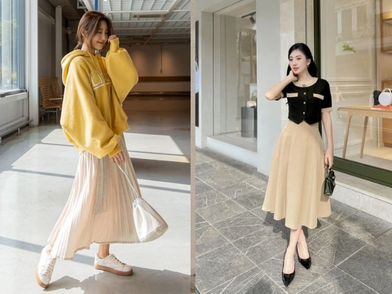 phối đồ với chân váy xếp ly dài
