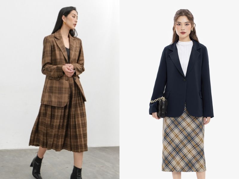 mix đồ với chân váy kẻ caro mùa đông