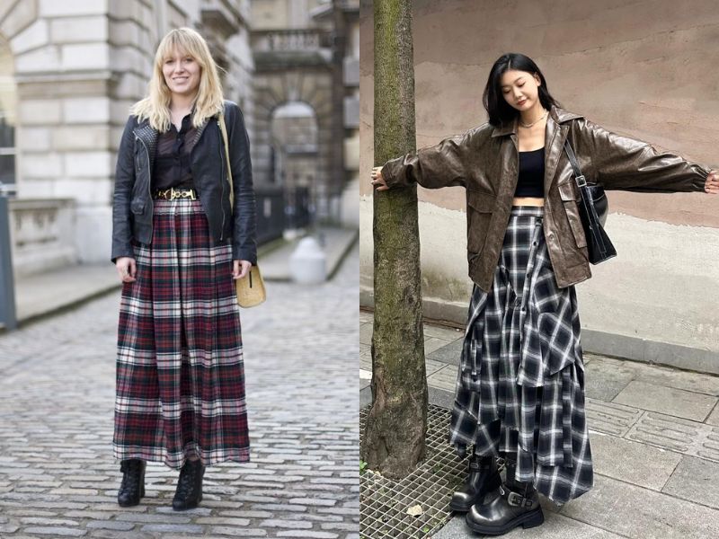 phối đồ với chân váy kẻ caro dài mùa đông