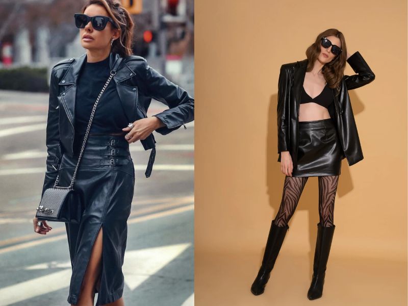 chân váy da kết hợp với áo gì