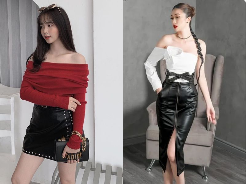 chân váy da ngắn mặc với áo gì