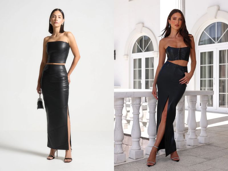 phối đồ với chân váy da dài