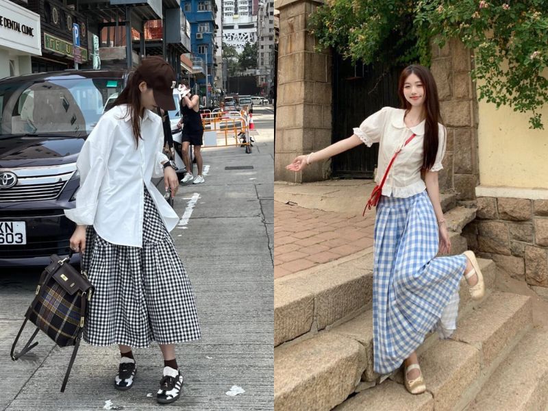 phối đồ với chân váy kẻ caro dài