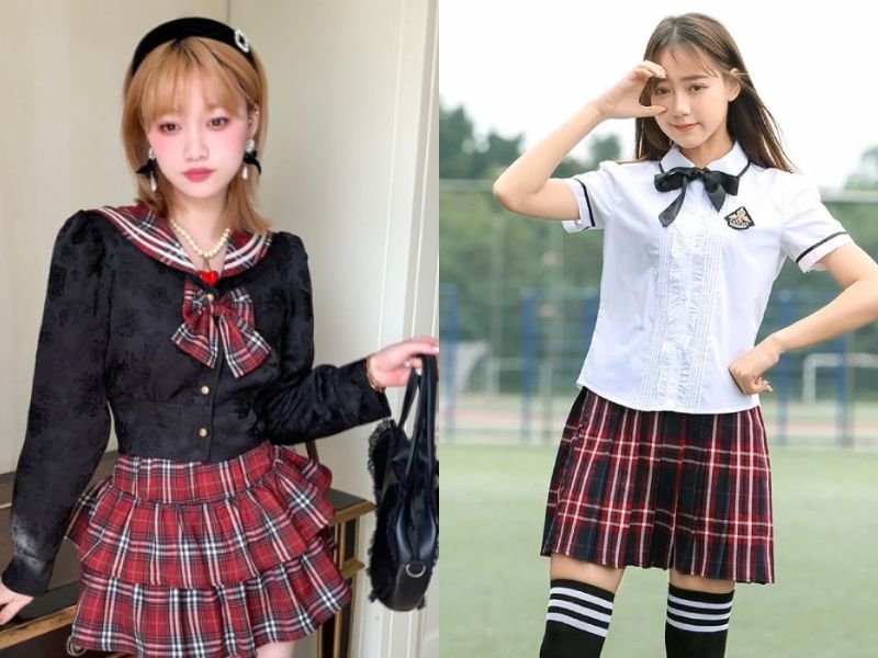 chân váy kẻ caro đỏ mặc với áo gì