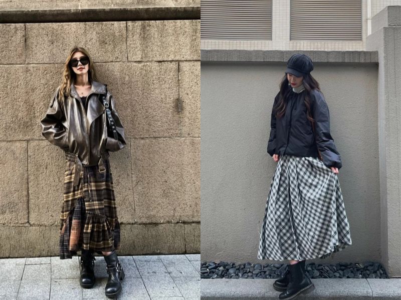 mix đồ với chân váy kẻ caro mùa đông