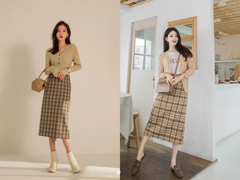 chân váy kẻ caro mặc với áo màu gì