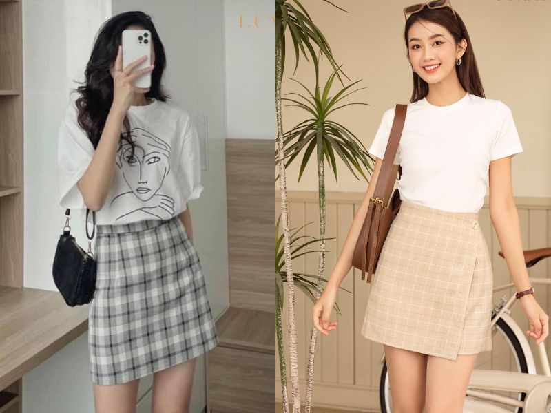 phối đồ với chân váy kẻ caro ngắn