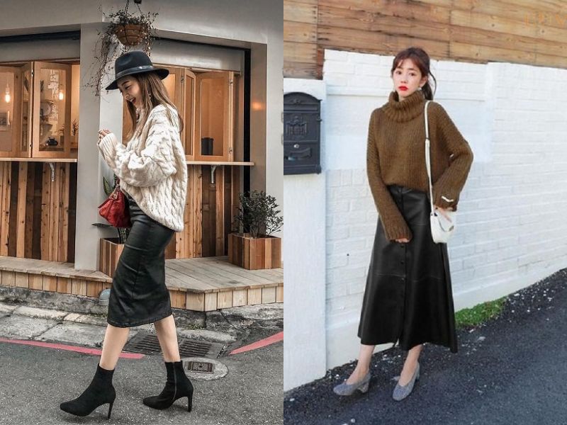 phối chân váy da theo dáng người