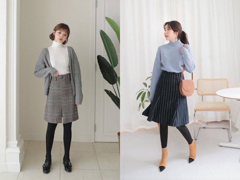 chân váy dạ xoè kết hợp với áo gì