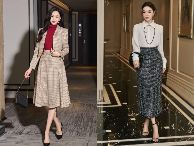 kết hợp màu sắc hài hòa với chân váy dạ dài