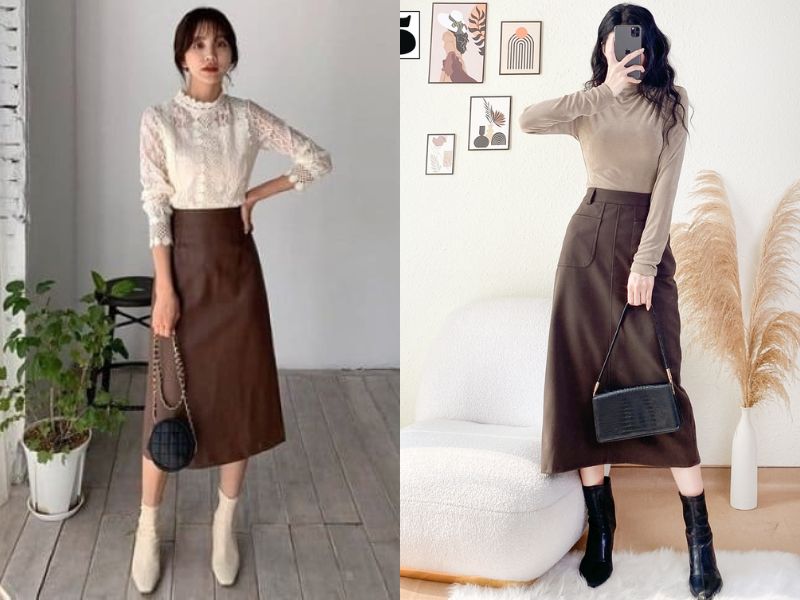 kết hợp màu chân váy da hài hòa với áo