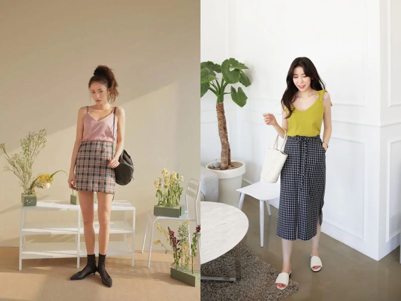 chân váy kẻ caro mặc với áo gì