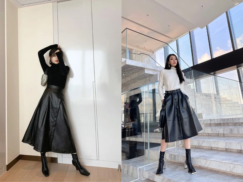 cách phối đồ với chân váy da đen