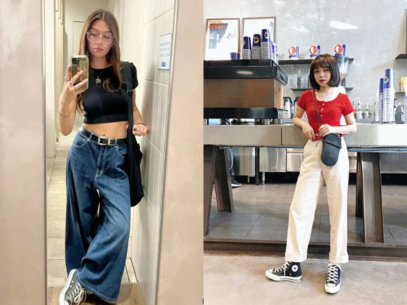 mix áo thun babytee với quần jean, kaki ống rộng