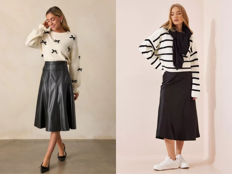 cách phối đồ với chân váy da đen
