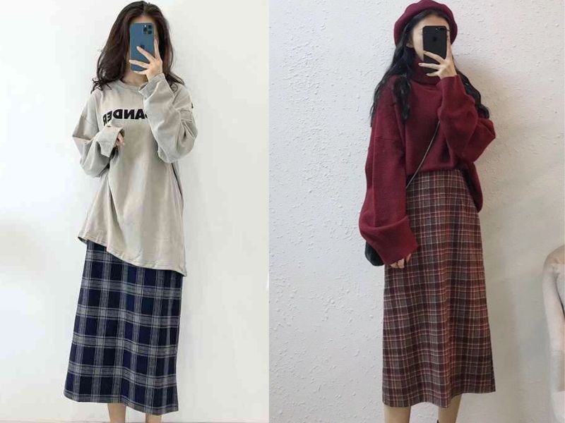 mix đồ với chân váy kẻ caro mùa đông