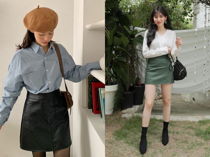 chân váy da mặc với áo gì