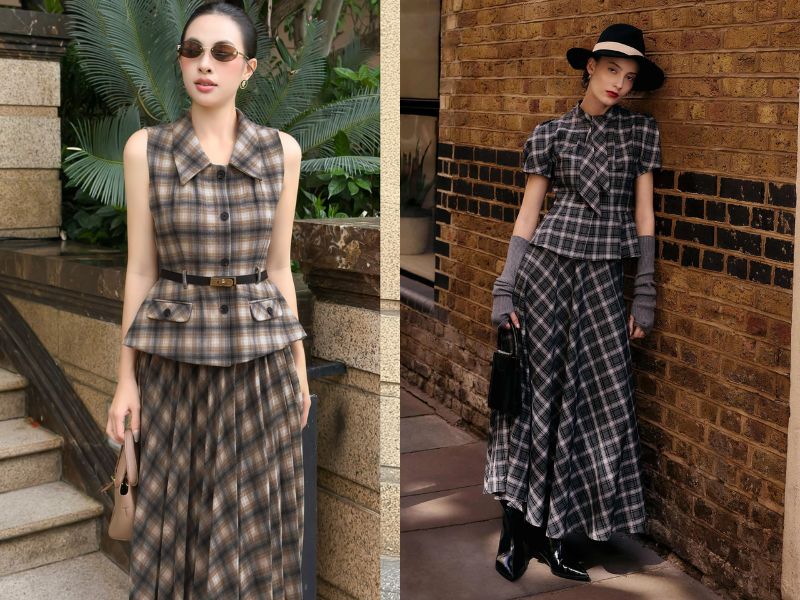 mặc áo peplum với chân váy kẻ caro dài
