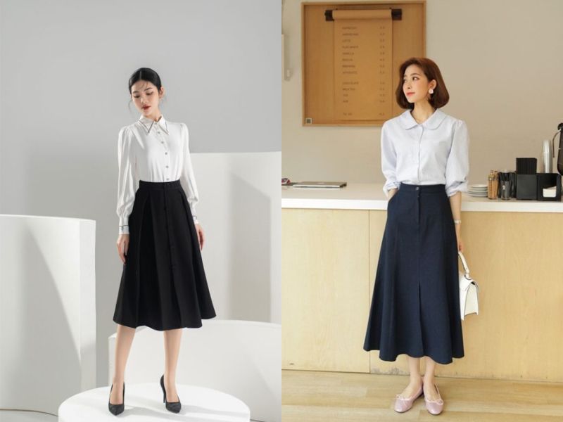 phối đồ với chân váy dạ chữ a dáng dài