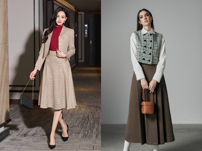 cách phối đồ với chân váy dạ dài qua gối