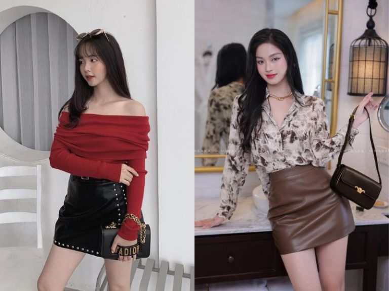 chân váy da mặc với áo gì