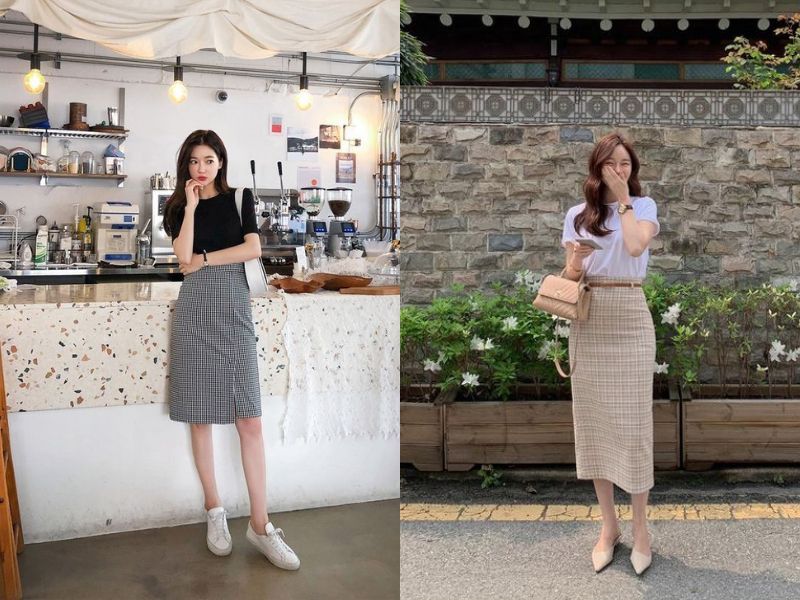 cách phối đồ với chân váy dạ dài qua gối