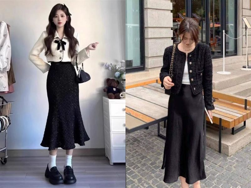 phối đồ với chân váy đuôi cá dài mùa đông