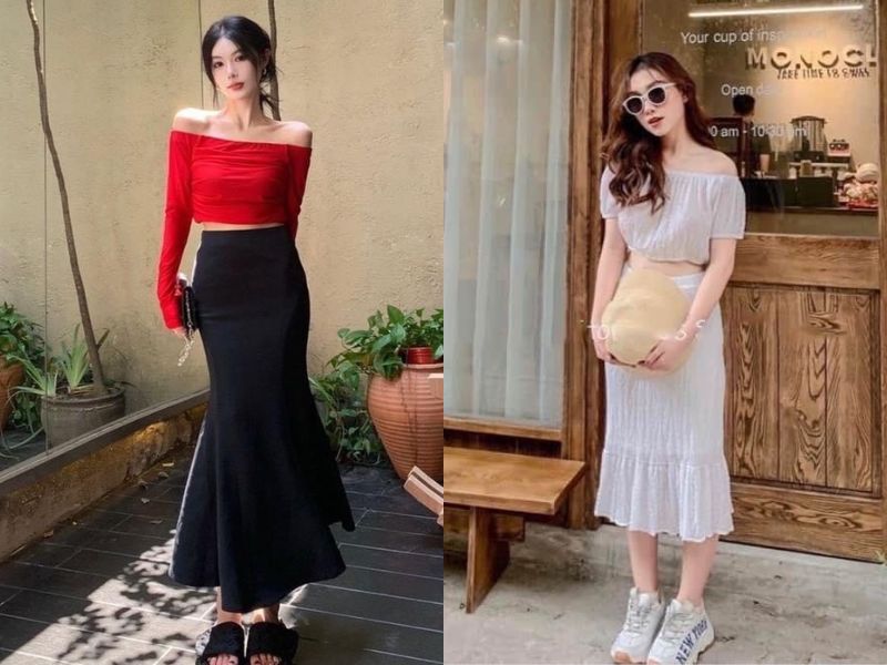 váy đuôi cá phối với áo gì