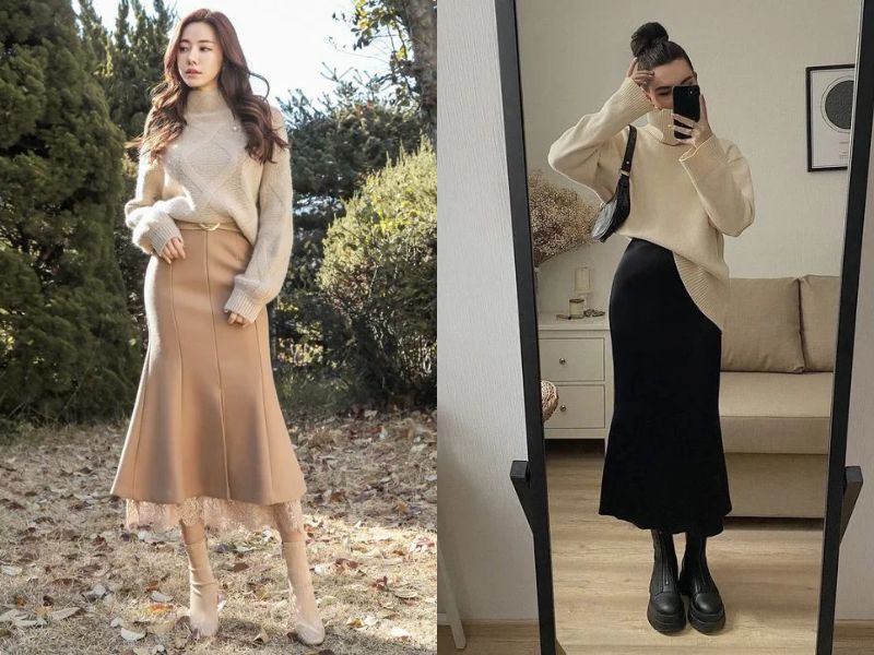 chân váy đuôi cá phối với áo gì mùa đông