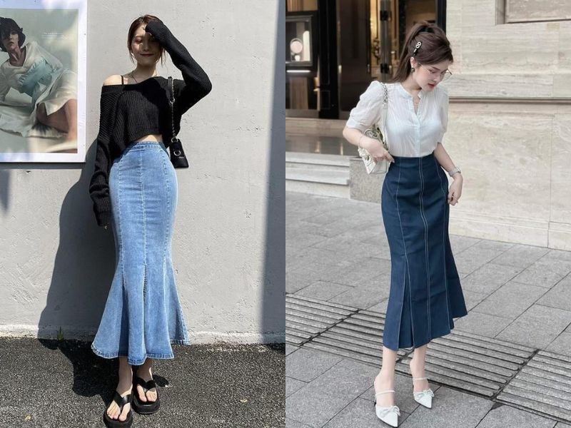 chân váy đuôi cá phối với giày gì