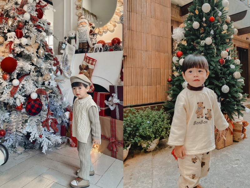 chụp ảnh noel bên cạnh cây thông