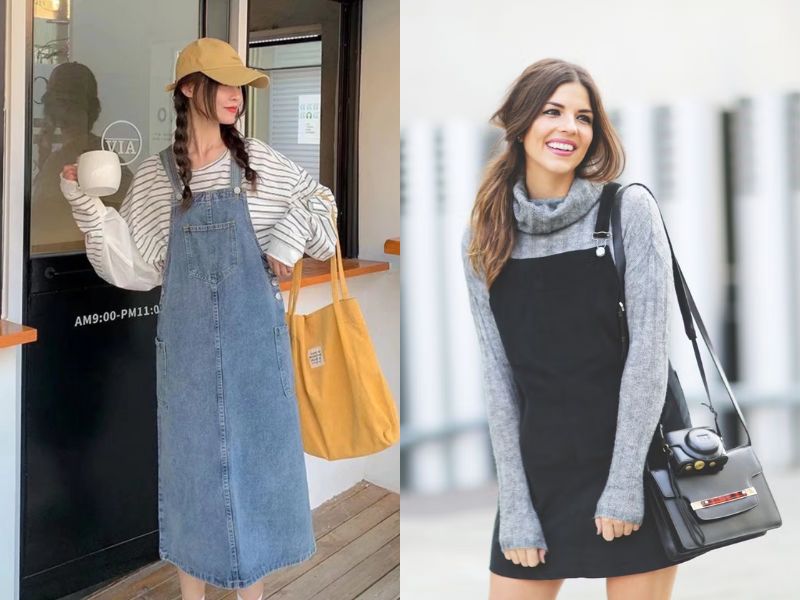 váy yếm bò phối với áo gì