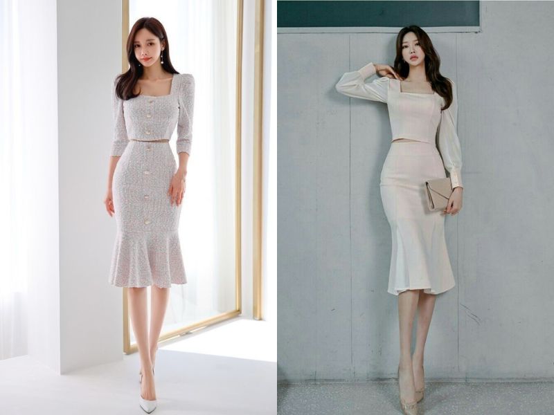 chân váy đuôi cá dài kết hợp với áo gì