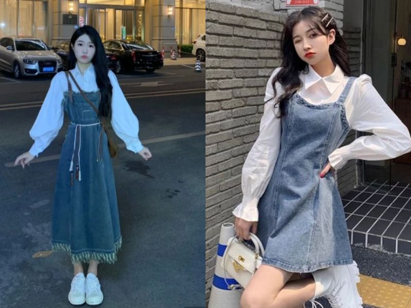 yếm jean phối với áo gì
