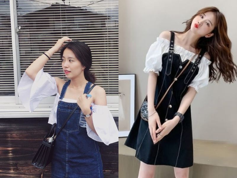 yếm jean phối với áo gì