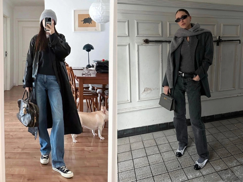 phối đồ mùa đông cho nữ phối áo khoác da và quần jean