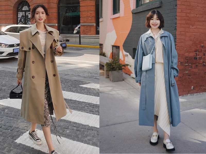 phối đồ mùa đông cho nữ áo trench coat phối váy midi