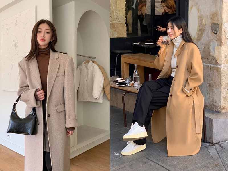 outfit mùa đông cho nữ mix áo len cổ lọ và áo khoác dạ dáng dài