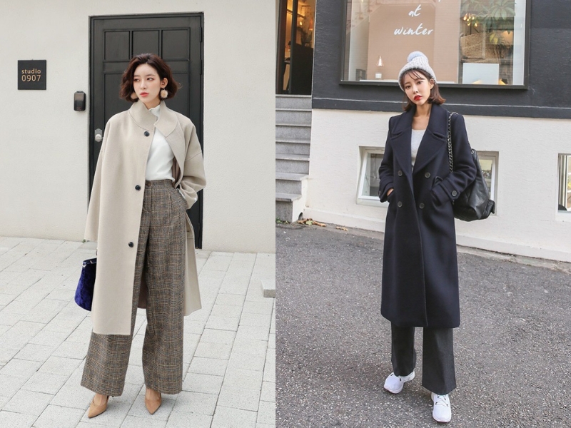 thời trang mùa đông nữ mặc áo khoác dáng dài, quần ống rộng