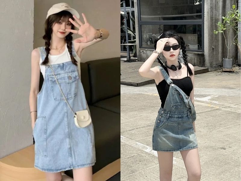 váy yếm jean phối với áo gì