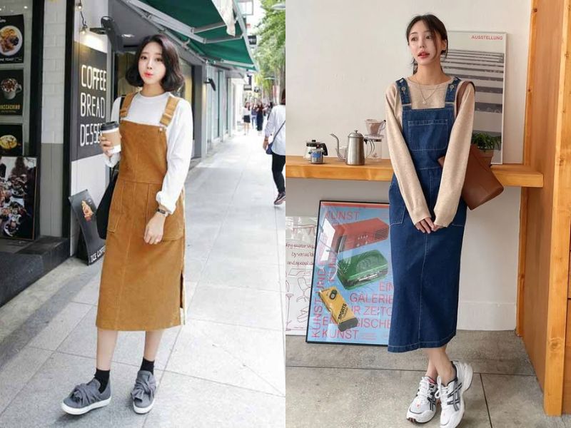 váy yếm bò mặc với áo gì mùa đông