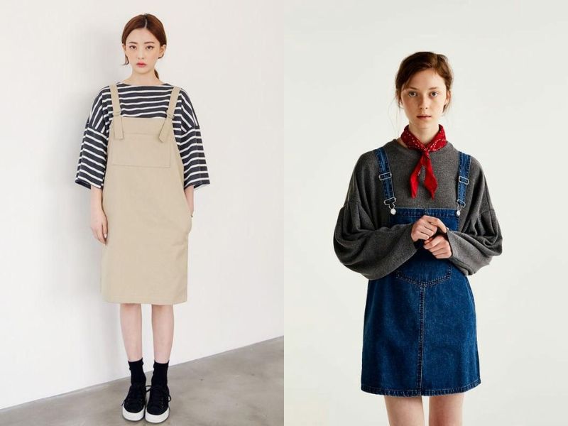 váy yếm jean phối với áo gì