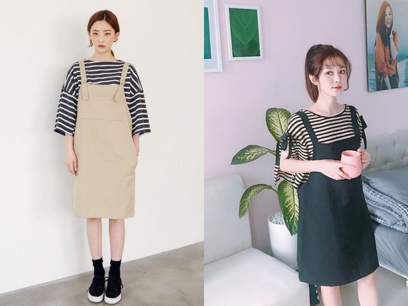 váy yếm bò phối với áo gì