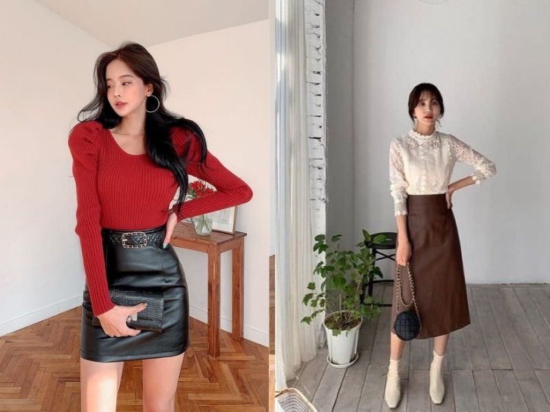 cá tính với áo len, chân váy da ôm body
