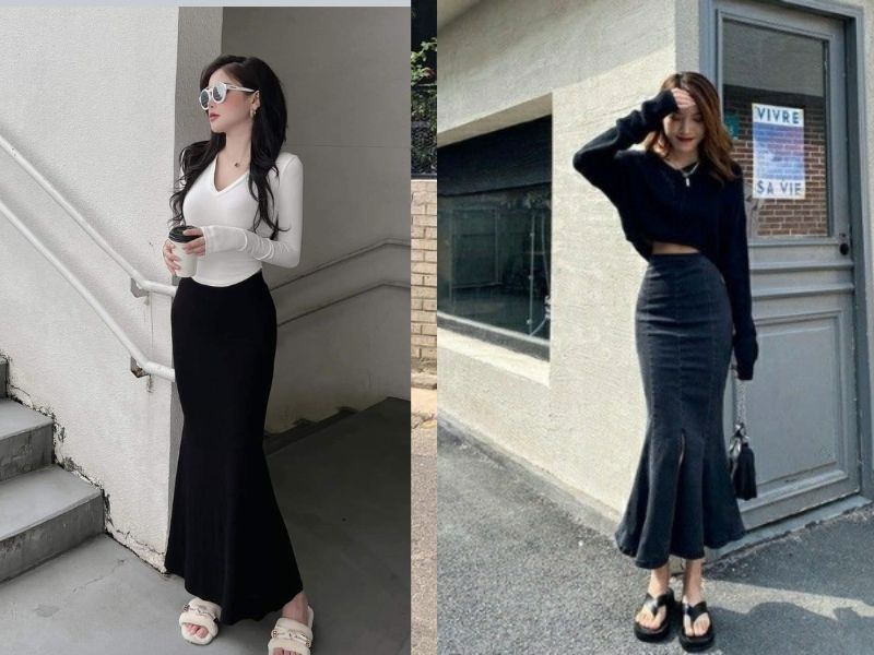 chân váy đuôi cá dài kết hợp với áo gì