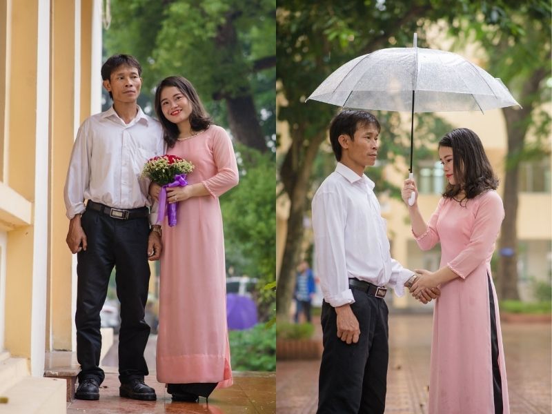 bố mặc áo sơ mi, quần âu chụp ảnh kỷ yếu 