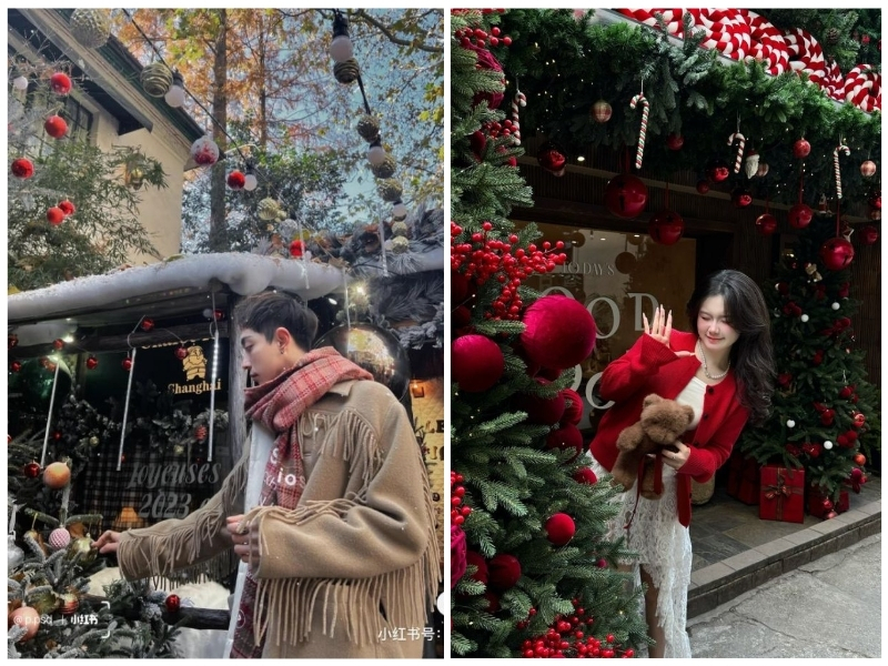 chụp ảnh với cây thông noel từ xa