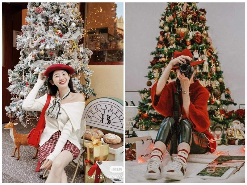 tạo dáng với cây thông noel