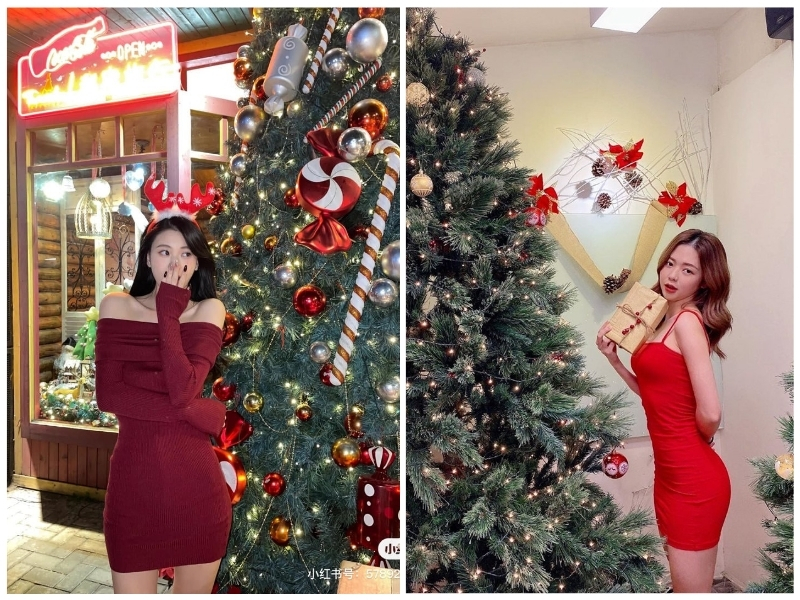 cách tạo dáng với cây thông noel nữ